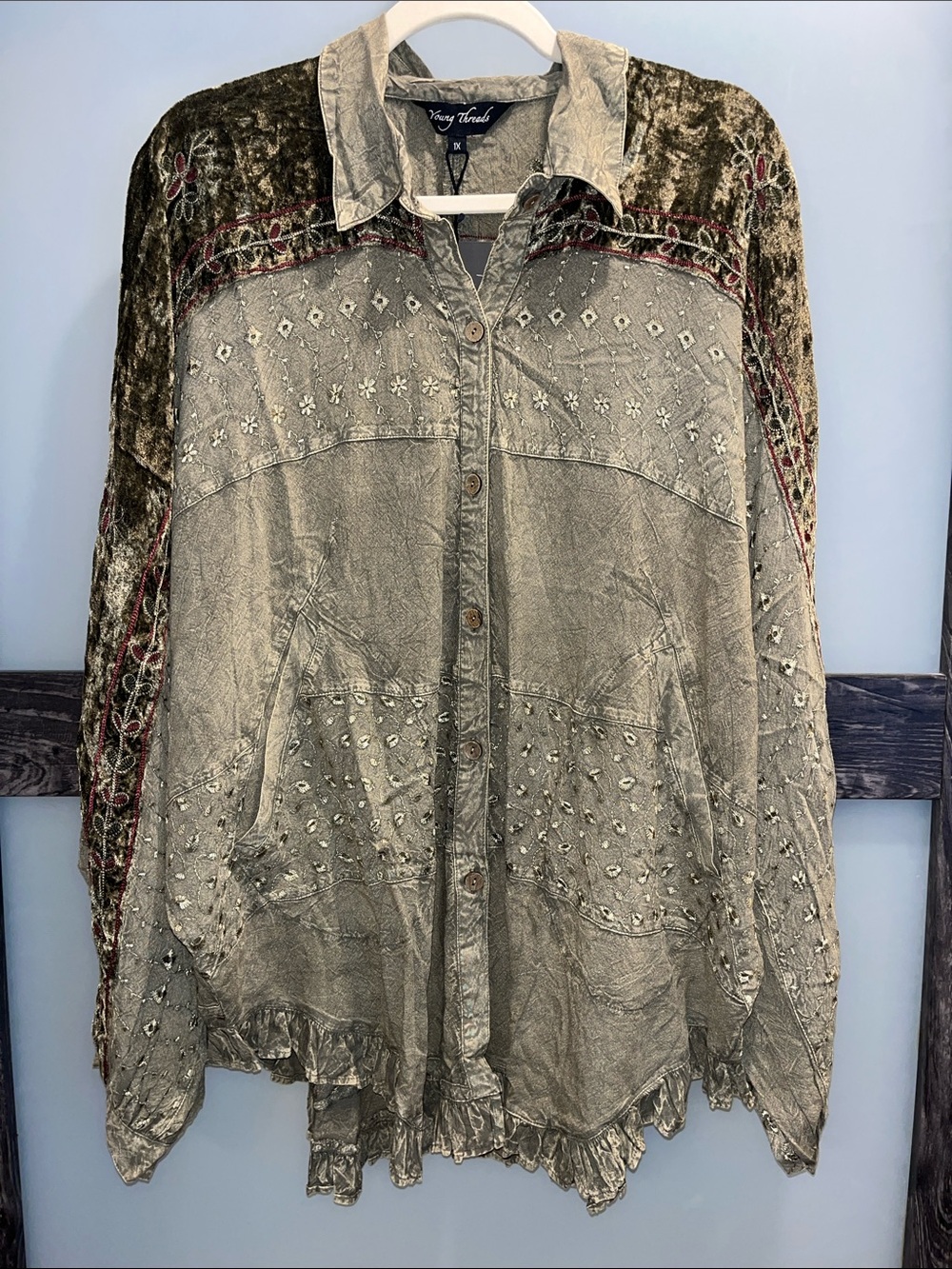Vintage-Inspired Crushed Velvet Button-Down Shirt in Olive